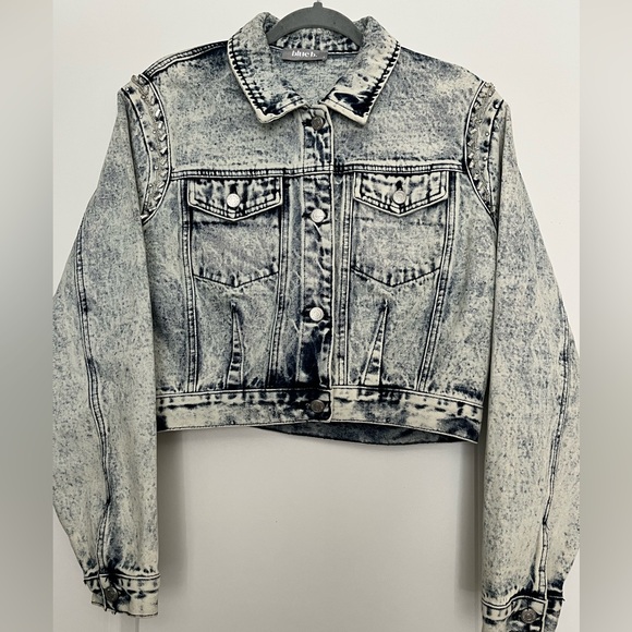 blue b Jackets & Blazers - BlueB rhinestone crystal embellished acid wash blue cropped jean jacket sz S